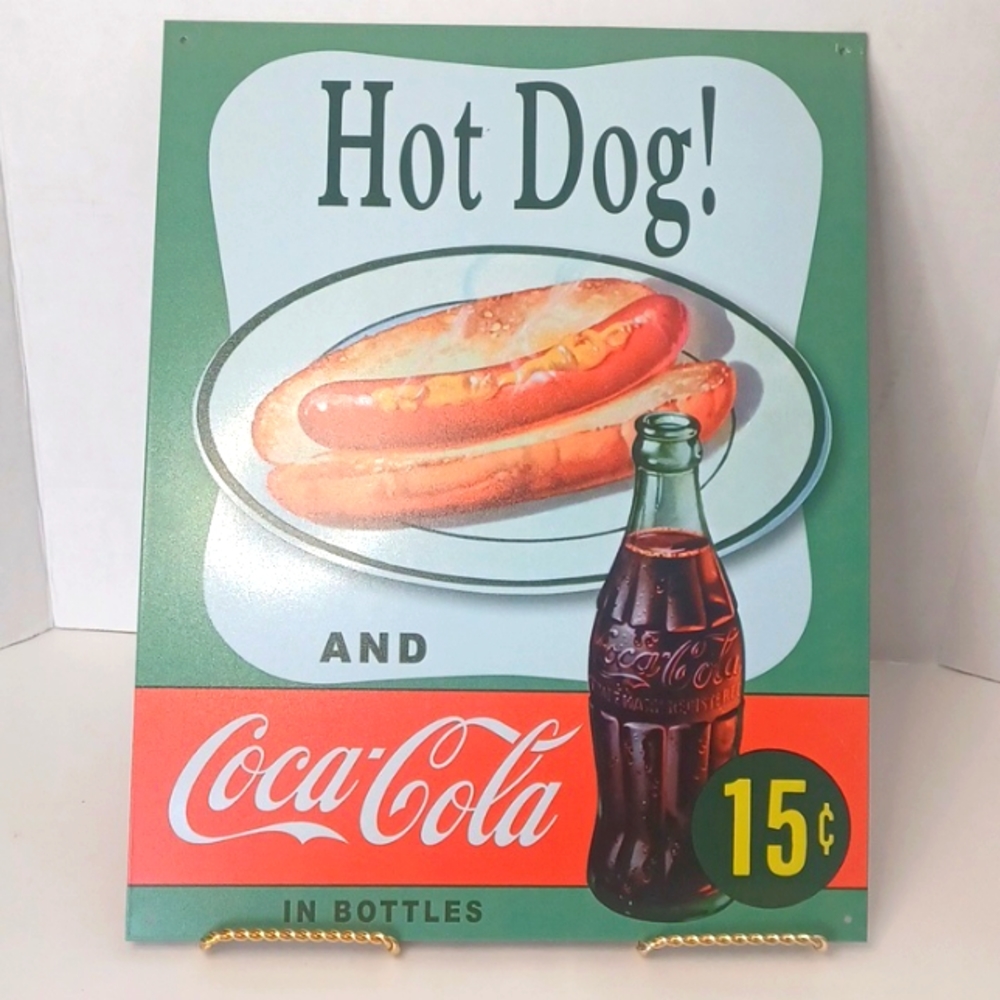 Coca-Cola Metal Sign Advertising Hot Dog for 15 Cents Wall Decor Retro